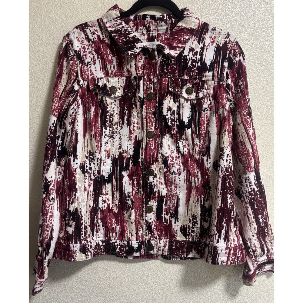 Denim Jacket Pink White Artsy Abstract Western Rodeo Boho CJ Banks Size Large